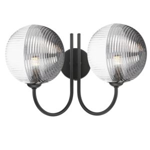 Jared 2 Light G9 Matt Black Wall Light With Pull C/W 15cm Smoked & Clear Ribbed Glass Shades