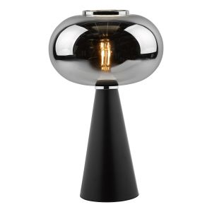 Jenson 1 Light E27 Satin Black Table Lamp With Inline Switch C/W Smoked Oval Glass Shade