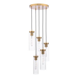 Jodelle 5 Light E27 Poished Bronze Adjustable Multi Pendant With Clear Ribbed Glass Shade