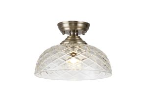 Jodel 1 Light Flush Ceiling E27 With Flat Round 30cm Patterned Glass Shade Antique Brass/Clear