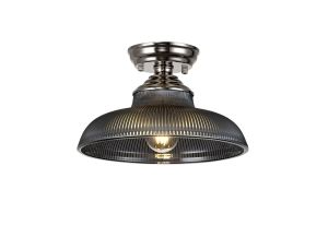 Jodel 1 Light Flush Ceiling E27 With Round 30cm Glass Shade Polished Nickel/Smoked