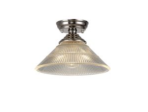 Jodel 1 Light Flush Ceiling E27 With Cone 30cm Glass Shade Polished Nickel/Clear