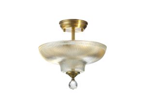 Jodel 2 Light Semi Flush Ceiling E27 With Round 30cm Glass Shade Antique Brass/Clear