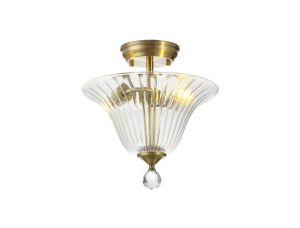 Jodel 2 Light Semi Flush Ceiling E27 With Bell 30cm Glass Shade Antique Brass/Clear
