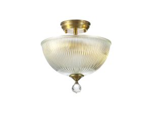 Jodel 2 Light Semi Flush Ceiling E27 With Dome 30cm Glass Shade Antique Brass/Clear