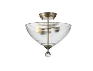 Jodel 2 Light Semi Flush Ceiling E27 With Round 33.5cm Prismatic Effect Glass Shade Satin Nickel/Clear