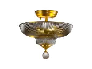 Jodel 2 Light Semi Flush Ceiling E27 With Round 30cm Glass Shade Satin Gold/Smoked