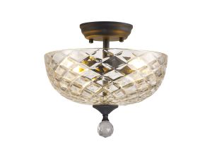Jodel 2 Light Semi Flush Ceiling E27 With Flat Round 30cm Patterned Glass Shade Graphite/Clear