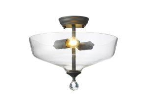 Jodel 2 Light Semi Flush Ceiling E27 With Flat Round 38cm Glass Shade Graphite/Clear