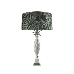 Jolson 1 Light E27 Nickle Table Lamp With Inline Switch C/W Bamboo Green Leaf Cotton 35cm Drum Shade