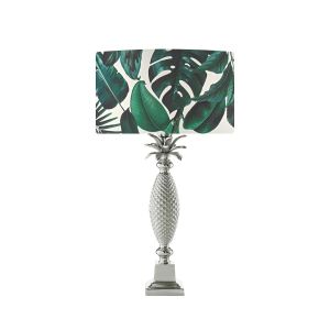 Jolson 1 Light E27 Nickle Table Lamp With Inline Switch C/W Filip Green Palm Print Drum Shade With A White Diffuser