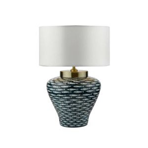 Joy 1 Light E27 Blue With White Fish Motif Table Lamp With Inline Switch C/W Hilda Ivory Faux Silk 40cm Drum Shade