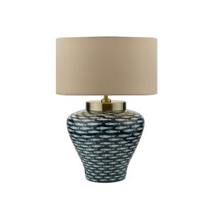 Joy 1 Light E27 Blue With White Fish Motif Table Lamp With Inline Switch C/W Hilda Taupe Faux Silk 40cm Drum Shade