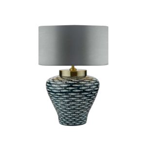 Joy 1 Light E27 Blue With White Fish Motif Table Lamp With Inline Switch C/W Hilda Grey Faux Silk 40cm Drum Shade