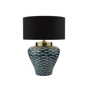 Joy 1 Light E27 Blue With White Fish Motif Table Lamp With Inline Switch C/W Sword Black Cotton 40cm Drum Shade