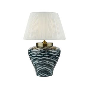 Joy 1 Light E27 Blue With White Fish Motif Table Lamp With Inline Switch C/W Ulyana Ivory Faux Silk Pleated 40cm Shade