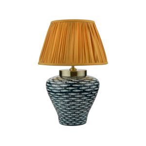Joy 1 Light E27 Blue With White Fish Motif Table Lamp With Inline Switch C/W Ulyana Yellow Ochre Faux Silk Pleated 40cm Shade