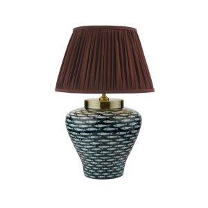 Joy 1 Light E27 Blue With White Fish Motif Table Lamp With Inline Switch C/W Ulyana Burgundy Faux Silk Pleated 40cm Shade