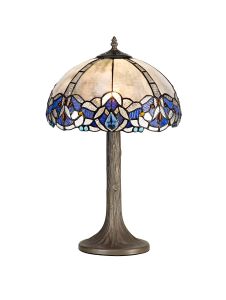 Kaka 1 Light Tree Like Table Lamp E27 With 30cm Tiffany Shade, Blue/Clear Crystal/Aged Antique Brass