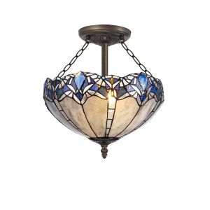 Kaka 3 Light Semi Flush E27 With 40cm Tiffany Shade, Blue/Clear Crystal/Aged Antique Brass