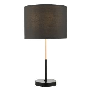 Kelso 1 Light E27 Matt Black With Polished Copper Table Lamp With Inline Switch C/W Black Cotton Shade