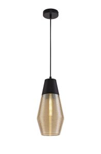 Kendra Single Cone Pendant 1 Light E27, Black/Amber Glass