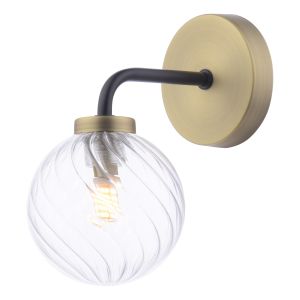 Lainey 1 Light G9 Matt Black & Antique Brass Wall Light C/W Clear Twisted Style Closed Glass Shade