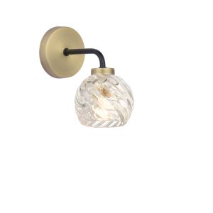 Lainey 1 Light G9 Matt Black & Antique Brass Wall Light C/W Clear Twisted Style Open Glass Shade