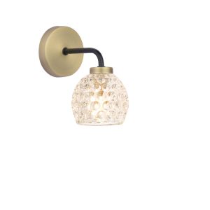 Lainey 1 Light G9 Matt Black & Antique Brass Wall Light C/W Clear Dimpled Open Style Glass Shade