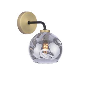 Lainey 1 Light G9 Matt Black & Antique Brass Wall Light C/W Smoked Organic Glass Shade