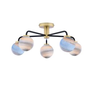 Lainey 5 Light G9 Matt Black & Antique Brass Semi Flush Ceiling Light C/W Planet Style Glass Shade