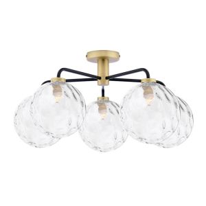 Lainey 5 Light G9 Matt Black & Antique Brass Semi Flush Ceiling Light C/W Clear Dimpled Glass Shades
