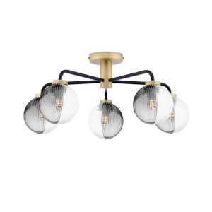 Lainey 5 Light G9 Matt Black & Antique Brass Semi Flush Ceiling Light C/W 10cm Smoked & Clear Ribbed Glass Shades