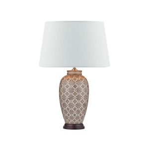 Louise 1 Light E27 Brown With Ccrain Table Lamp With Inline Switch C/W Cezanne White Faux Silk Tapered 40cm Drum Shade