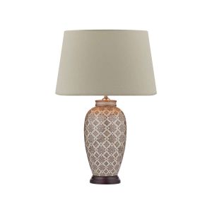 Louise 1 Light E27 Brown With Ccrain Table Lamp With Inline Switch C/W Cezanne Taupe Faux Silk Tapered 40cm Drum Shade