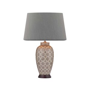 Louise 1 Light E27 Brown With Ccrain Table Lamp With Inline Switch C/W Cezanne Grey Faux Silk Tapered 40cm Drum Shade