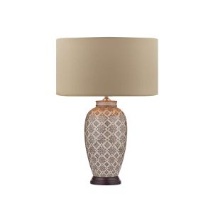 Louise 1 Light E27 Brown With Ccrain Table Lamp With Inline Switch C/W Hilda Taupe Faux Silk 40cm Drum Shade