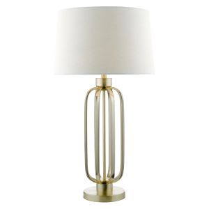 Rockford 1 Light E27 Satin Brass Table Lamp With Inline Switch C/W A Natural Linen Tapered Drum Shade