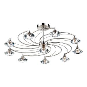 Luther 10 Light G9 Satin Chrome Semi Flush Fitting With Faceted Crystal Glass Shades