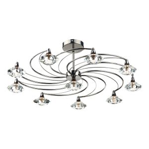 Luther 10 Light G9 Black Chrome Semi Flush Fitting With Faceted Crystal Glass Shades