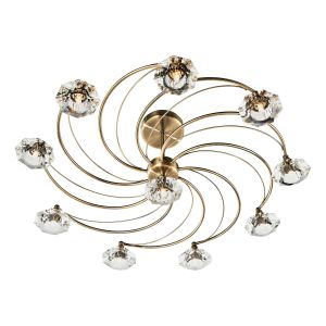 Luther 10 Light G9 Antique Brass Semi Flush Fitting With Faceted Crystal Glass Shades