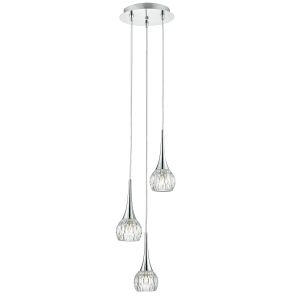 Lyall 3 Light G9 Polished Chrome Adjustable Cluster Pendant With Beautiful Cut Glass Style Pumpkin Shaped Glass Shades