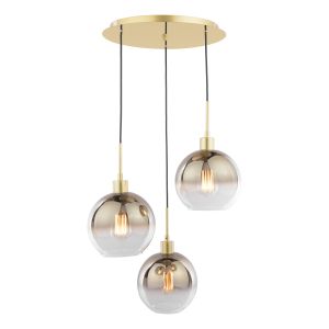 Lycia 3 Light E27 Polished Gold Adjustable Plate Pendant C/W Ombre Gold Glass Shade