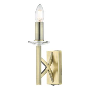 Lyon 1 Light E14 Antique Brass Wall Light With Faceted Crystal Sconce