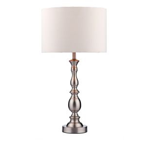Madrid 1 Light E27 Satin Chrome Traditonally Styled Table Lamp With Inline Switch C/W White Faux Silk Drum Shade