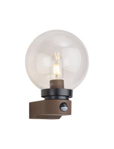 Milo Globe Wall Lamp With PIR Sensor, 1 x E27, IP54, Polycarbonate Construction, Corrosion Resistant, Dark Brown/Clear, 2yrs Warranty