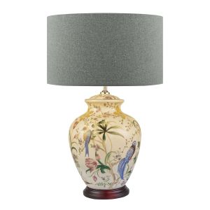 Mimosa 1 Light E27 White With Brontel  And Bird Print Table Lamp With Inline Switch C/W Pyramid Grey Linen 46cm Drum Shade