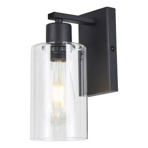 Miu 1 Light E27 Matt Black Wall Light With Rocker Switch C/W Clear Glass Shade