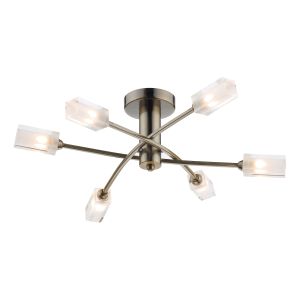 Morgan 6 Light G9 Antique Brass Semi Flush Fitting With Clear Glass Shades With Frosted Inner Detail