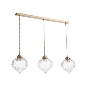 Mya 3 Light E14 Antique Brass Linear Adjustable Pendant With Clear Glass Shades